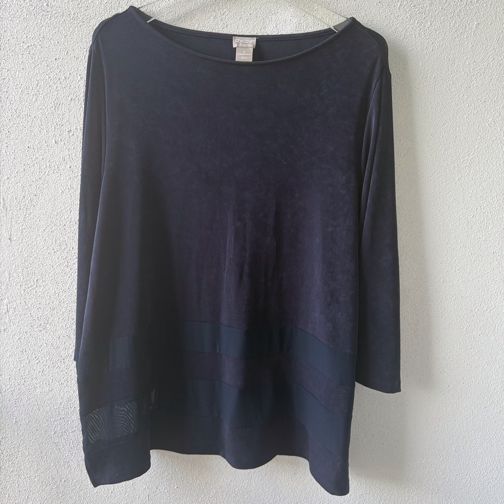 Chico’s Travelers Navy Blue Size 16/18 Tunic 3/4 Sleeve Round Neck Travel Casual